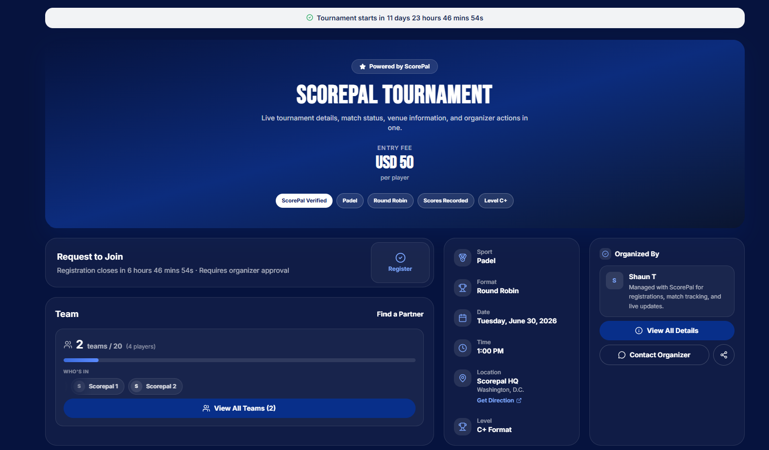 Register for a tournament or league on ScorePal