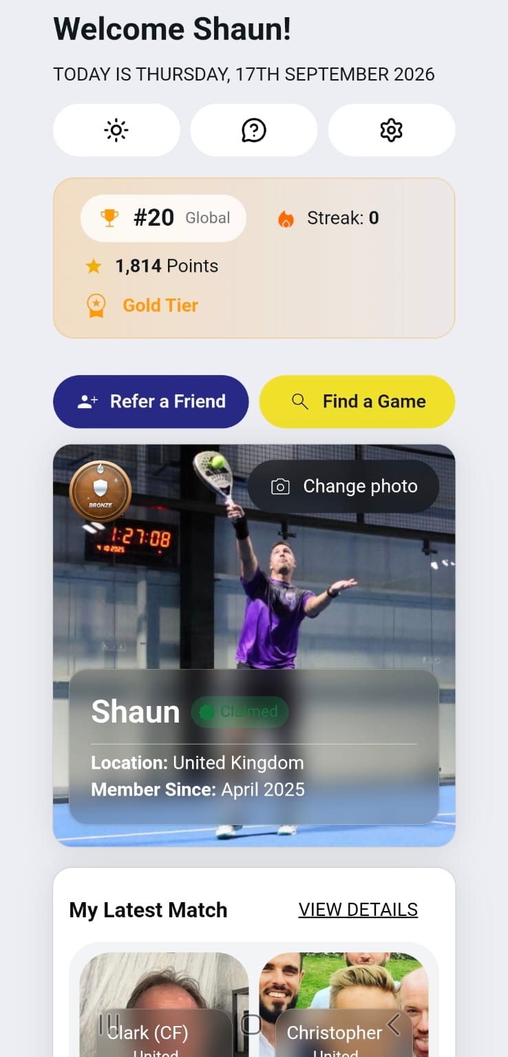 ScorePal mobile app showing a player profile, ranking and latest match